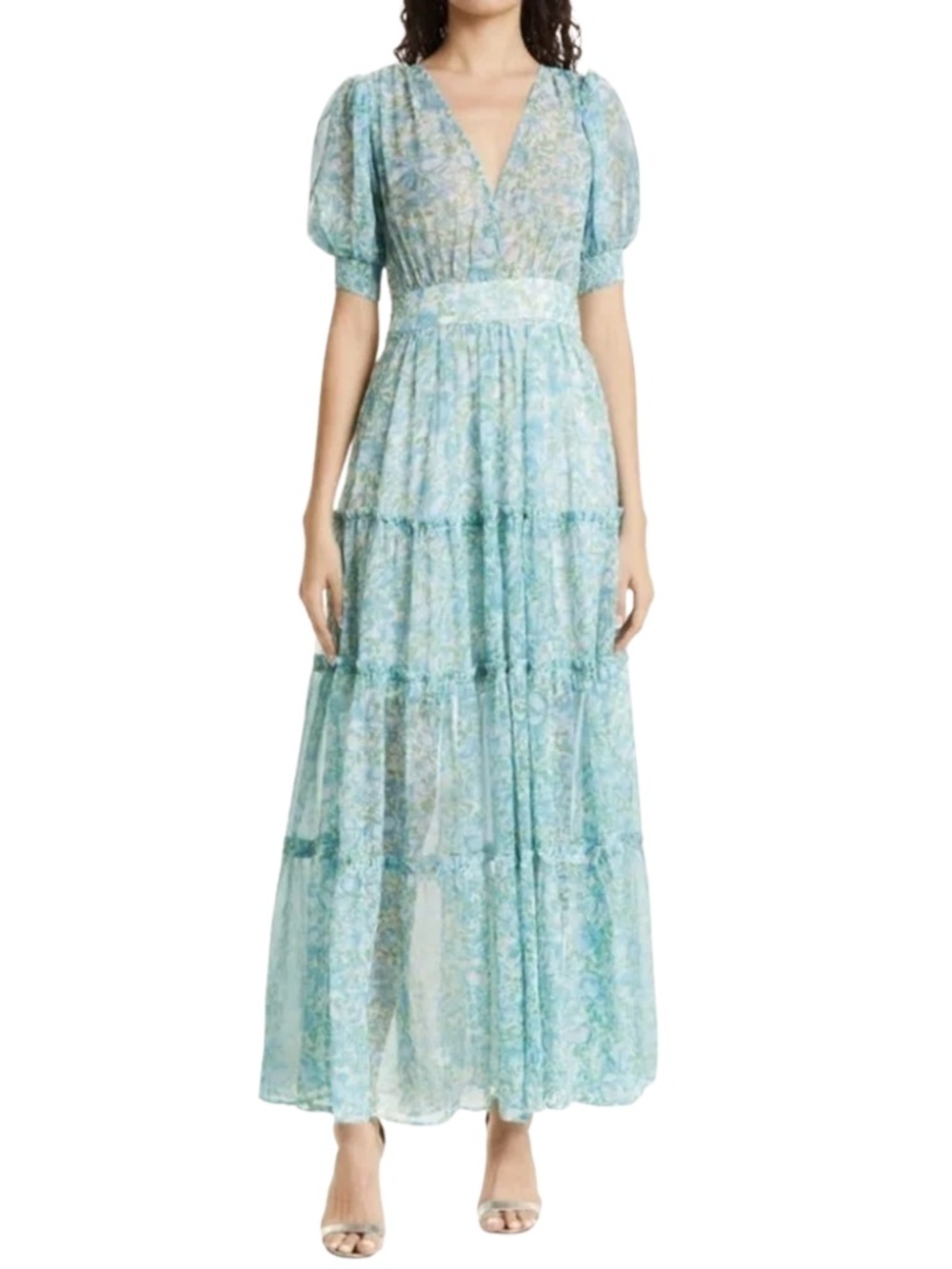 NWT ByTiMo Floral Chiffon Tiered Maxi Dress In Blue Flowers Sz. L